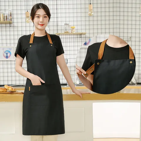 Nordic Style Waterproof Canvas Apron Kitchen Cooking Chef Work Apron with Pockets Adjustable Halter Strap for Women Men