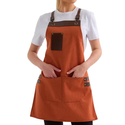 Crossback Canvas Apron with PU Leather Splicing Multi-Pocket Adjustable Strap Work Apron for Kitchen Cafe Baking