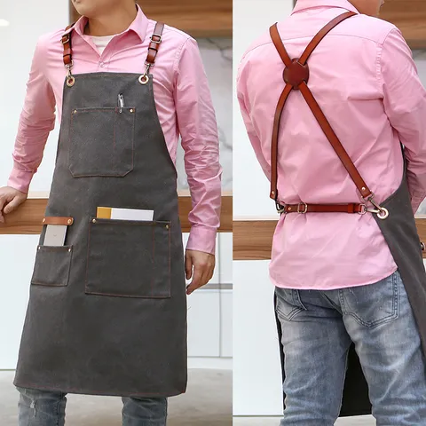 Vintage Canvas Denim Apron With Leather Straps Multi Pockets Chef Work Apron For Kitchen Restaurant Hair Salon