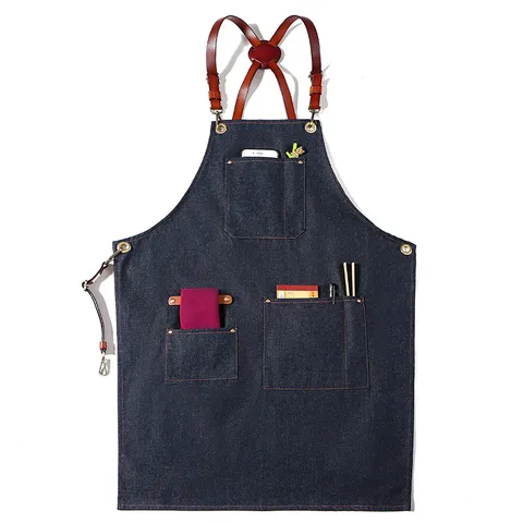 Vintage Canvas Denim Apron With Leather Straps Multi Pockets Chef Work Apron For Kitchen Restaurant Hair Salon