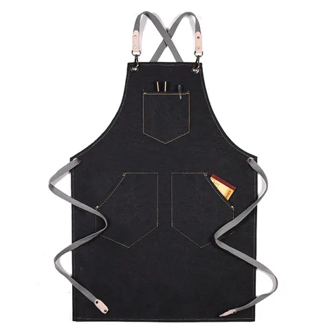 Thickened Canvas Apron With Cross Straps And Multi Pockets Kitchen Cooking Working Apron For Barista Baker