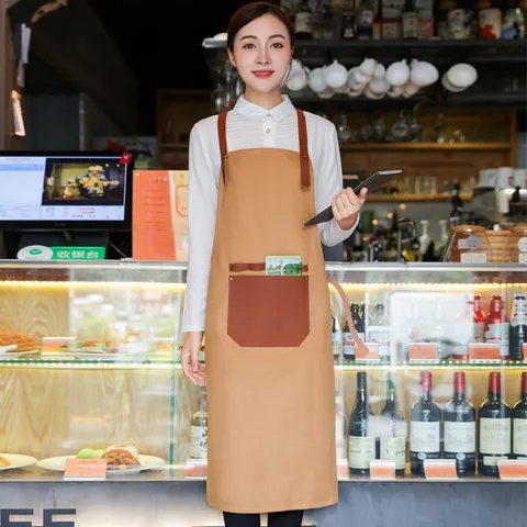 Korean Style Canvas Denim Apron Unisex Chef Cooking Kitchen Apron With Pockets Adjustable Straps For Catering Shop