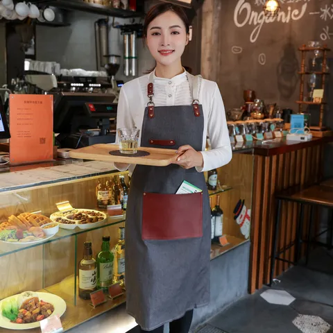 Korean Style Canvas Denim Apron Unisex Chef Cooking Kitchen Apron With Pockets Adjustable Straps For Catering Shop