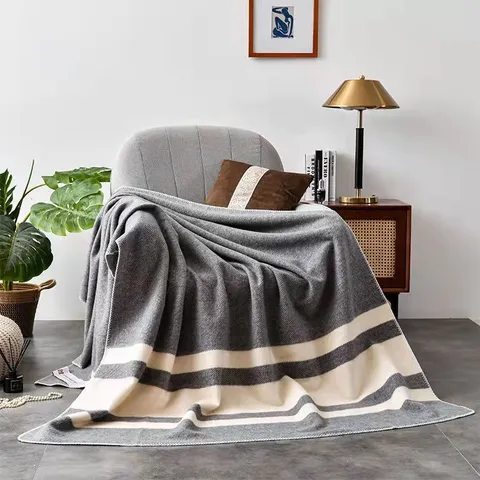 Wool Blend Knitted Sofa Blanket Solid Gray Striped Office Air Conditioning Warm Throw Blanket Cozy Home Decor