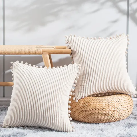 Federa Per Cuscino In Corduroy Con Grazioso Design Con Pompon Custodia Testurizzata Per Divano Letto Soggiorno Arredamento Casa