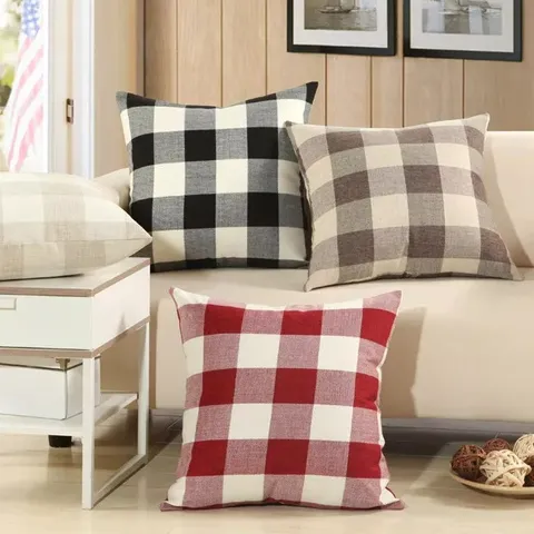 Japanese Style Cotton Linen Plaid Pillowcase Sofa Cushion Cover Home Office Car Decorative Throw Pillow