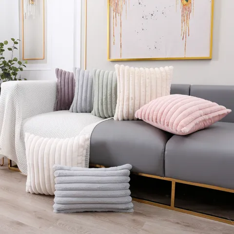 Kunstkaninchenfell Zierkissenbezug Einfarbig Vertikal Gestreift Weich Plüsch Kissenbezug Für Wohnzimmer Sofa Schlafzimmer Bett Heimdekoration