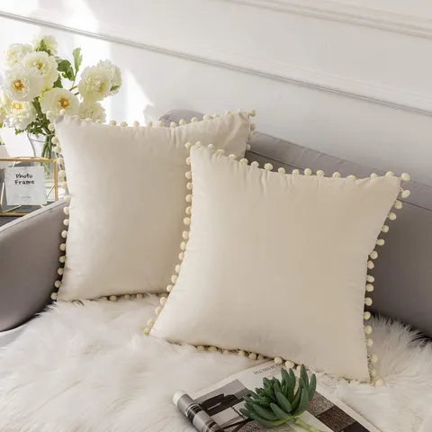 Effens Fluwelen Kussensloop Met Pomponrand Zachte Vierkante Kussenhoes voor Woonkamer Bank Bed Huisdecoratie