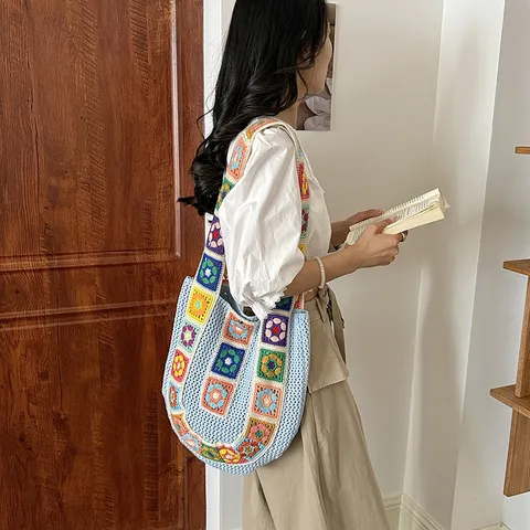 Women's Casual Knit Fabric Woven Tote Bag Crochet Hollow Out Floral Patchwork Large Shoulder Beach Bag Everyday Holiday Handbag