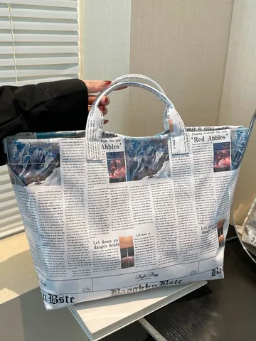 Large Capacity Newspaper Print Tote Bag For Women Casual Handbag Fashion Street Trend PU Coated Canvas Shoulder Bag