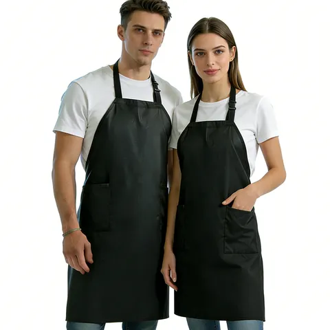 Waterproof Kitchen Apron Polyester Solid Color Adjustable Neck Strap Dual Pockets for Cooking Restaurant Home