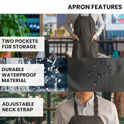 Waterproof Kitchen Apron Polyester Solid Color Adjustable Neck Strap Dual Pockets for Cooking Restaurant Home