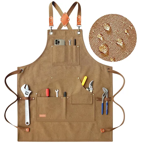 Thick Canvas Work Apron With Cross Back Straps Multi Pockets Professional Chef Apron For Cooking BBQ Baking Gardening