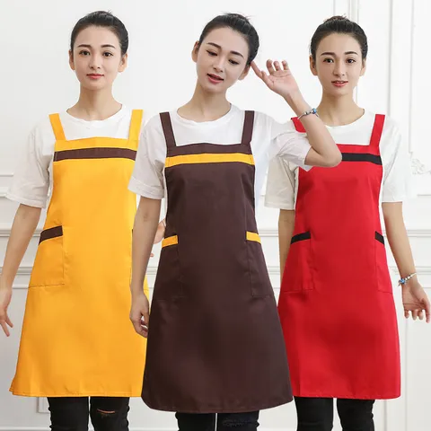 Kitchen Apron For Women Poly Cotton Solid Color Cross Back Bib Apron With Pockets Restaurant Cooking Baking Home Use