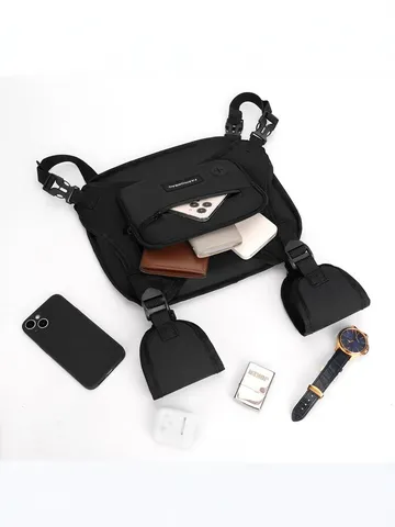 Herren Taktische Weste Tasche Multifunktionale Brusttasche Streetwear Arbeitskleidung Chest Rig Radfahren Sport Front Tasche Schwarz