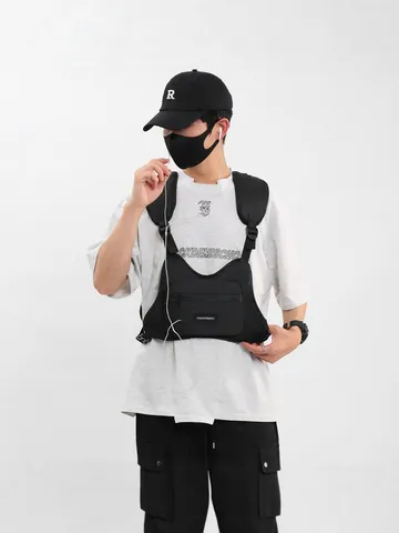 Herren Taktische Weste Tasche Multifunktionale Brusttasche Streetwear Arbeitskleidung Chest Rig Radfahren Sport Front Tasche Schwarz