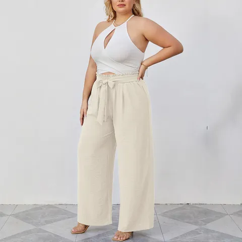 Pantaloni da Donna Taglie Forti a Gamba Larga in Seta di Ghiaccio a Vita Alta con Laccio Pantaloni Casual Larghi per l'Uso Quotidiano