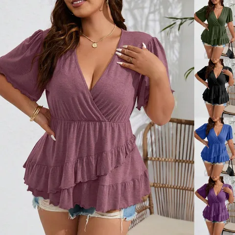 Maglietta Casual da Donna Scollo a V Manica Corta Impilato Tinta Unita Larga Estiva Moda Elegante Top Peplum Taglie Forti