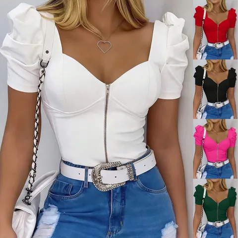 Maglietta da Donna Casual Scollo Quadrato Tinta Unita Slim Fit Manica a Puffo Manica Corta Cerniera Anteriore