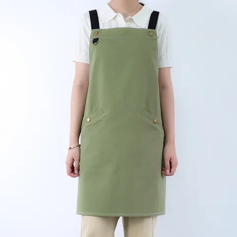 Pure Cotton Kitchen Apron With Pockets Adjustable Straps Solid Color Cooking Baking Chef Apron For Women Men
