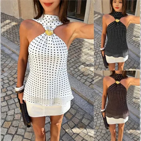 Women Halter Polka Dot Sleeveless Top Casual Slim Fit Basic Summer Vest Fashion Elegant Streetwear Apparel
