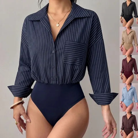 Women's Casual Long Sleeve Lapel Single-Breasted Vertical Striped Jumpsuit Slim Fit Bodysuit Streetwear Apparel