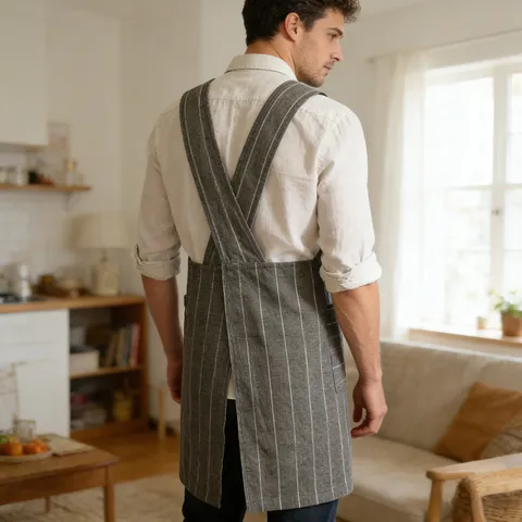 Japanese Minimalist Cotton Linen Apron Breathable Striped Kitchen Cooking Workwear Apron with Dual Pockets Cross Back