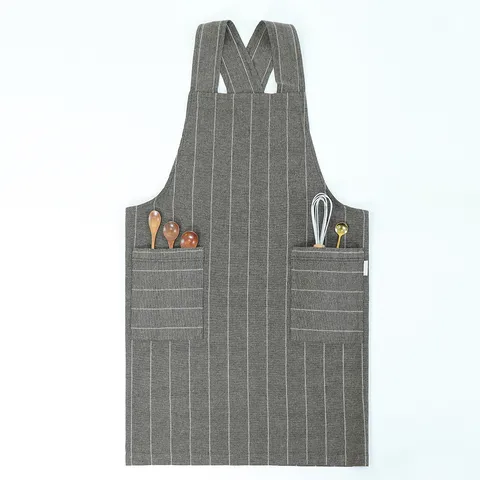 Japanese Minimalist Cotton Linen Apron Breathable Striped Kitchen Cooking Workwear Apron with Dual Pockets Cross Back