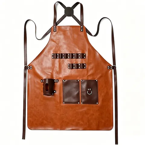 Waterproof Oil-Proof PU Leather Apron With Multi-Pockets Adjustable Straps For Kitchen Cooking Barbecue Gardening Working Unisex