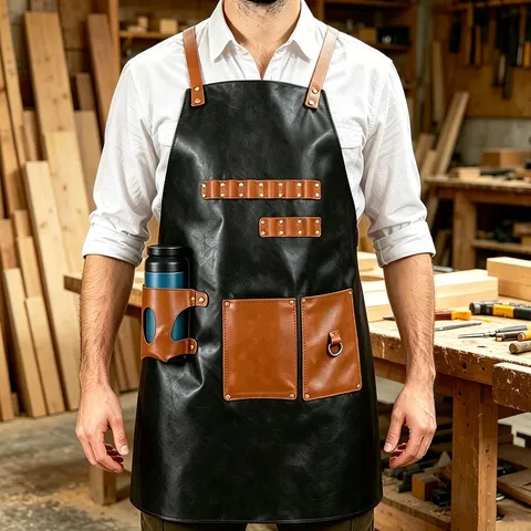 Waterproof Oil-Proof PU Leather Apron With Multi-Pockets Adjustable Straps For Kitchen Cooking Barbecue Gardening Working Unisex