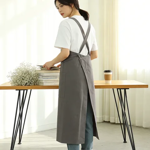 Cotton Linen Apron Japanese Style Work Apron with Pockets Adjustable Cross Back Apron for Kitchen Cooking Baking Florist Cafe