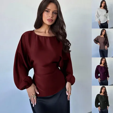 Women's Casual Long Sleeve Crew Neck Satin Blouse Solid Color And Polka Dot Fashion Loose Versatile Pullover Top