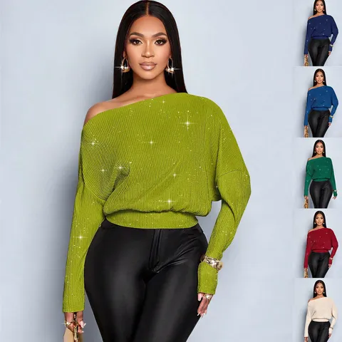 Women Casual Off Shoulder Sequin Loose Batwing Sleeve Slim Waist Knit Sweater European American Style Pullover Top