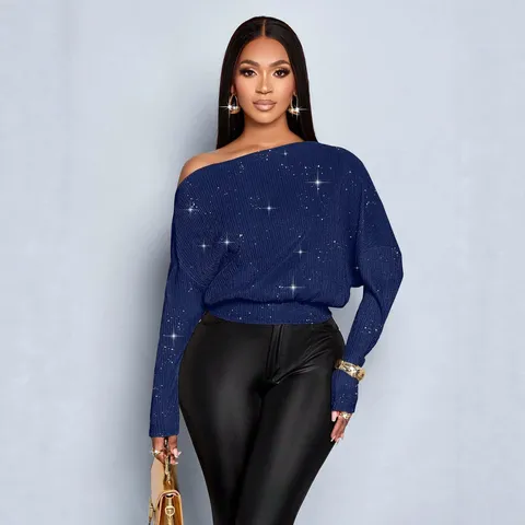 Women Casual Off Shoulder Sequin Loose Batwing Sleeve Slim Waist Knit Sweater European American Style Pullover Top