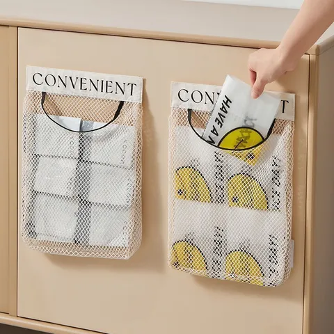 Kitchen Garbage Bag Storage Mesh Bag Wall Mounted Sundries Organizer Household Hanging Mesh Pocket Bag Holder