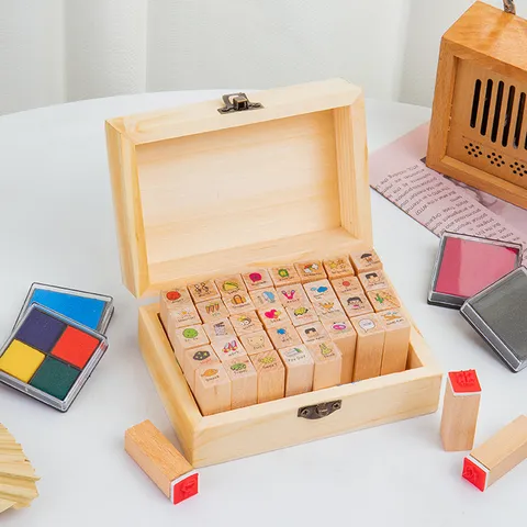 Creative Wooden Stamp Set Cute Cartoon Cat Rabbit Journal Diary Stamps With Wooden Storage Box For Scrapbooking Office School Supplies