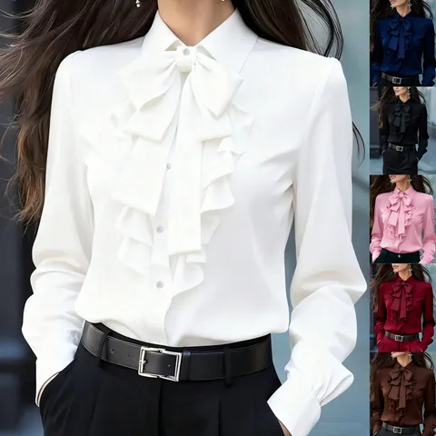 Women's French Style Turn Down Collar Bow Tie Ruffle Pleated Long Sleeve Blouse Casual Elegant Office Shirt