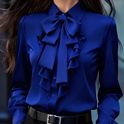 Women's French Style Turn Down Collar Bow Tie Ruffle Pleated Long Sleeve Blouse Casual Elegant Office Shirt