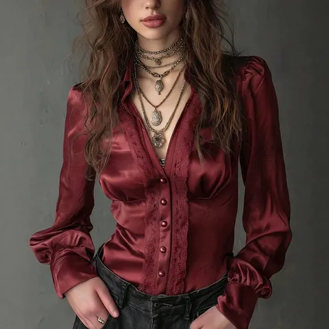 Chemisier Satin Dentelle Manches Longues Col V Boutonné Femme Élégant