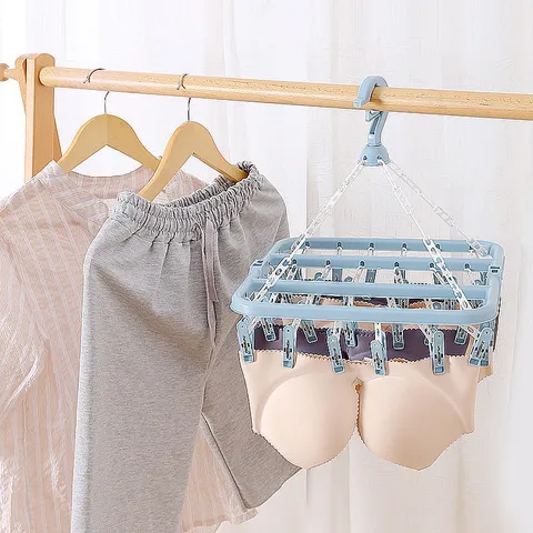 Household Plastic Clothes Drying Rack Multi Clip Windproof Sock Underwear Hanger Folding Balcony Laundry Drying Tool