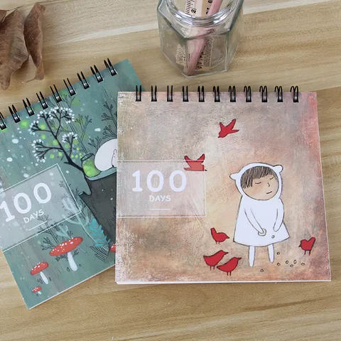 Portable 100 Days Plan Notebook Cute Oil Painting Style Illustration Spiral Bound Diary Journal For Office School Students Writing