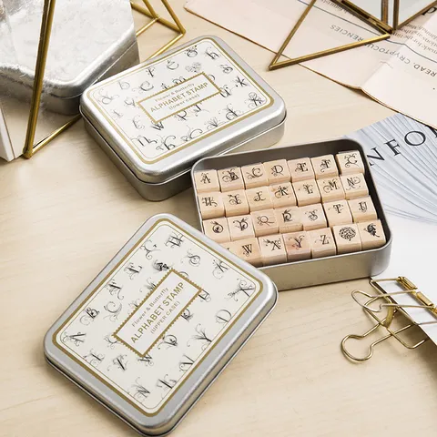 Korean DIY Floral Letter Wooden Stamp Set Lowercase Iron Box Office Stationery Journal Craft Decoration
