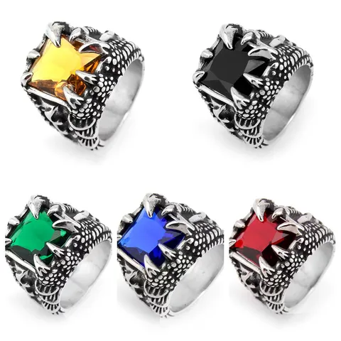 Punk Vintage Dragon Claw Titanium Steel Ring For Men Square Colored Rhinestone Gothic Finger Ring Jewelry Gift