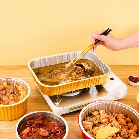 Gold Aluminum Foil Lunch Box Baking BBQ Takeout Food Container Nordic Style Disposable Foil Pan with Lids