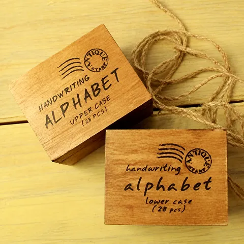Vintage Wooden Stamp Set Handwriting Alphabet Letters Rubber Stamps With Storage Box For Journaling Diary Craft DIY Stationery