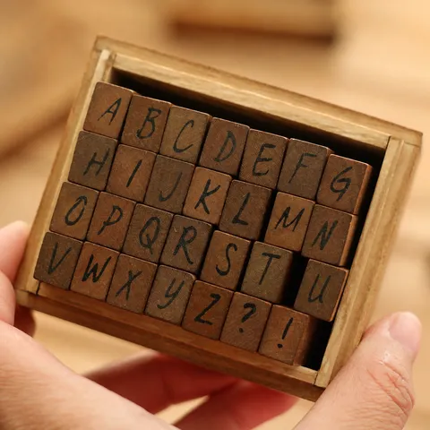 Vintage Wooden Stamp Set Handwriting Alphabet Letters Rubber Stamps With Storage Box For Journaling Diary Craft DIY Stationery