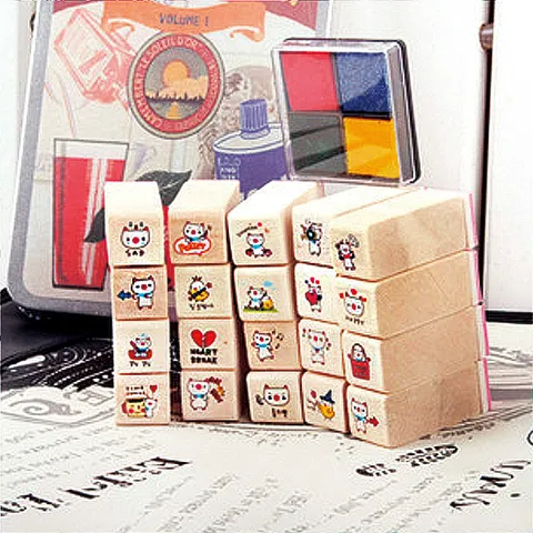 Wooden Stamp Set Cute Cat Pig Cartoon Stamps With Ink Pad Transparent Storage Box For DIY Journaling Planner Craft