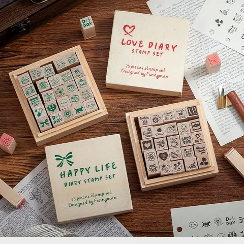 Creative Wooden Rubber Stamp Set For DIY Journal Diary Scrapbooking Office Stationery Craft Tool Wooden Box