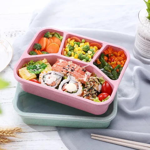 Wheat Straw Bento Box Four-Compartment Microwave Safe Portable Lunch Box BPA Free Eco-Friendly Student Office Food Container