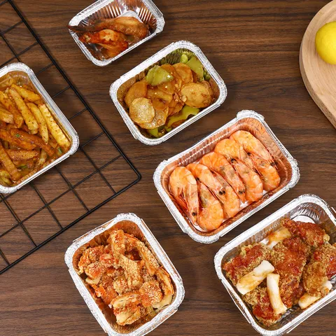 Wegwerp Rechthoekige Aluminiumfolie Pannen Versterkte Alufolie Containers Bakken BBQ Voedselverpakking Afhaalbakjes